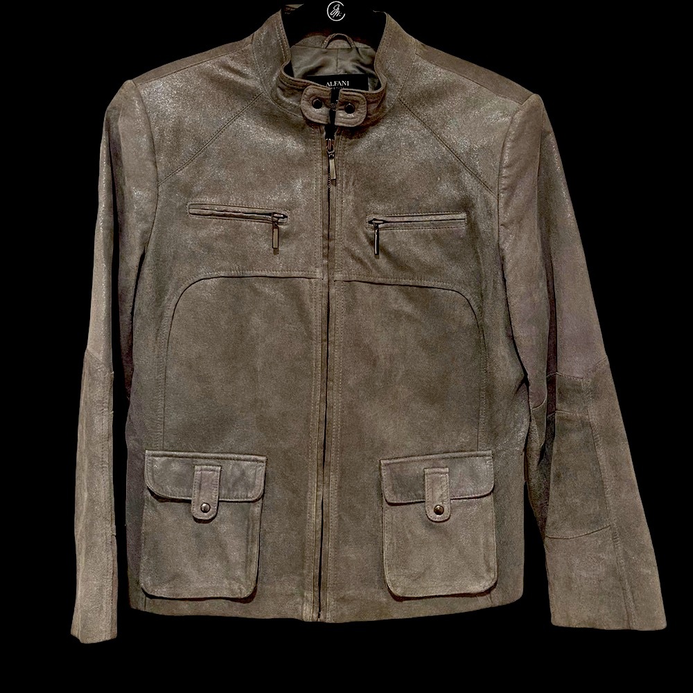 ALFANI PETITES MEDIUM, SILVER BLUE LEATHER JACKET, EX. COND.